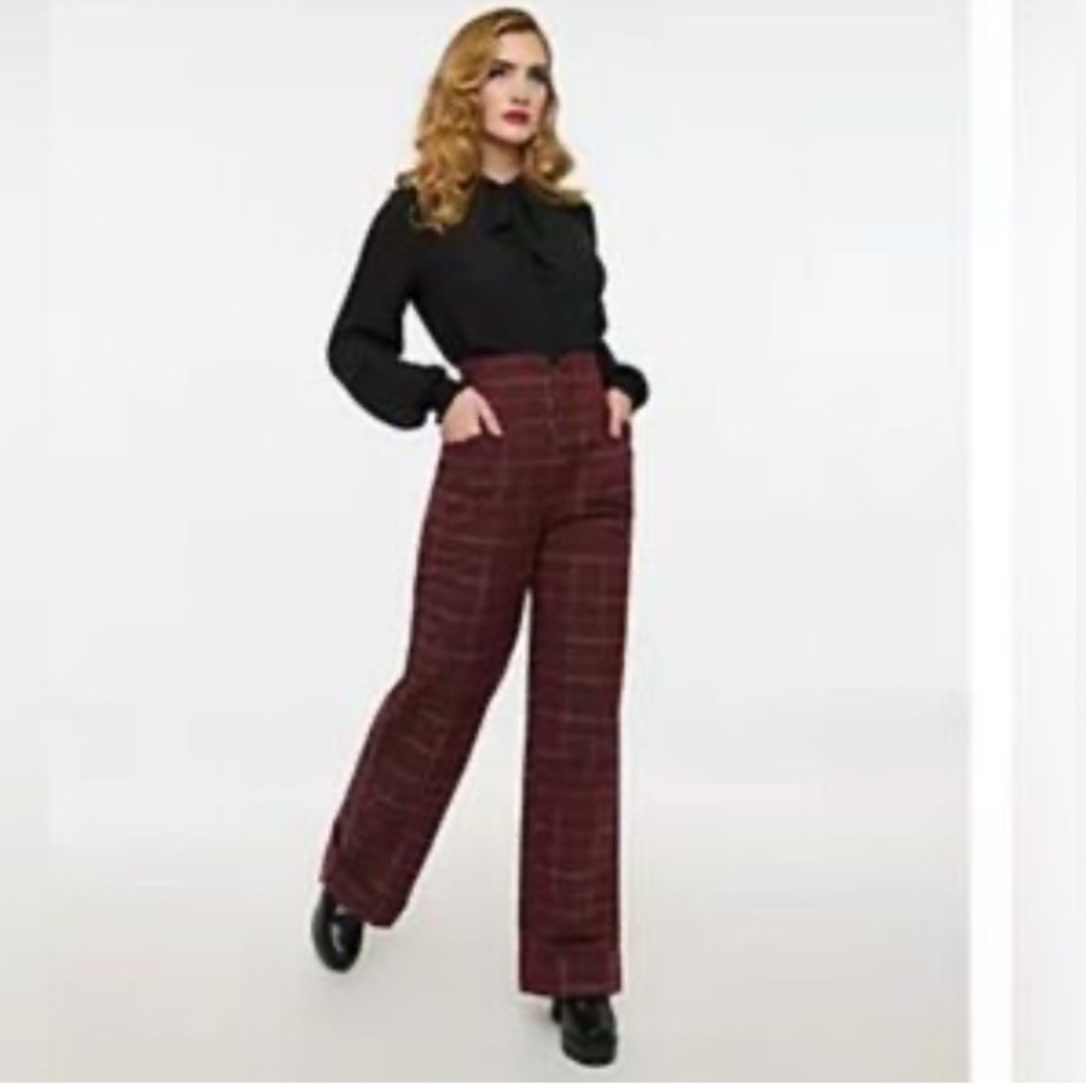 Unique Vintage Burgundy Plaid Wide Leg Pants 1x/16